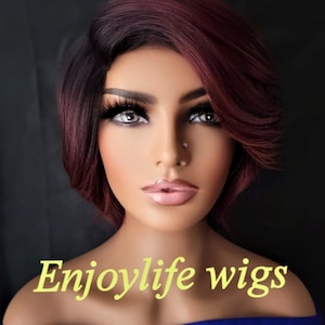 burgundy black root natural looking side part  wavy bob wig