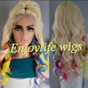 Blonde wavy rainbow highlighted dream lace front wig