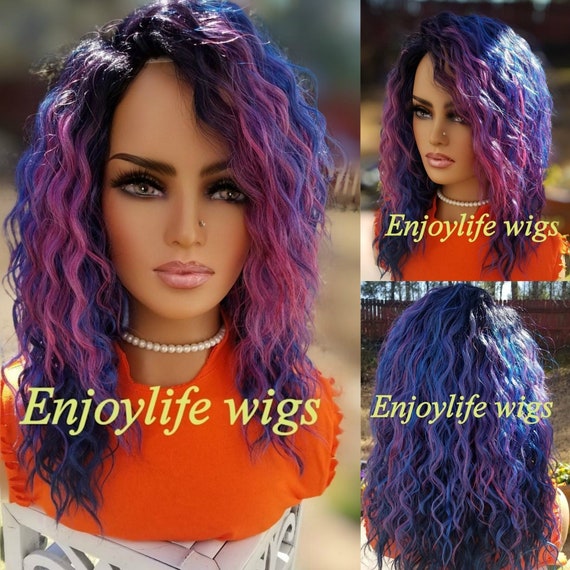 Purple Rain Hawaiian Water Curl Pink Fusion Curly Wig With Deep Side Part Non Lace Etsy Canada
