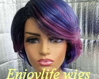 purple pink splash dark root ombre side part  wavy bob wig