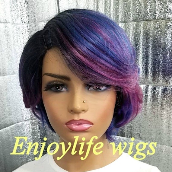 Purple Pink Splash Dark Root Ombre Side Part Wavy Bob Wig 