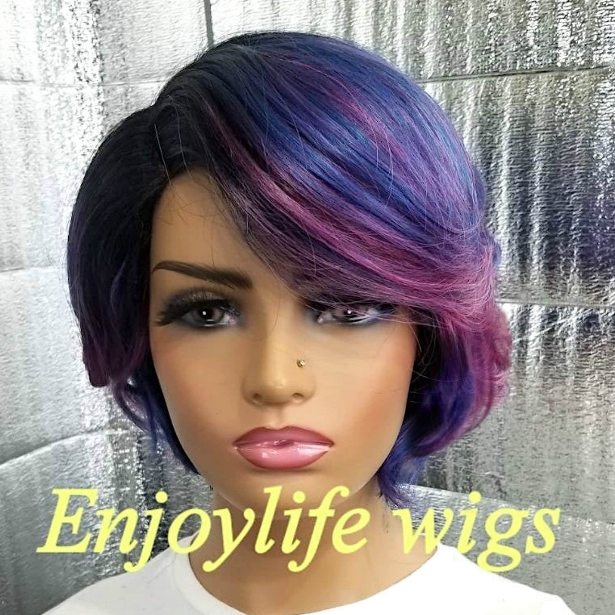 Purple short bob SidePart Wig Women Dark Purple Short Straight Side Swept Bangs Bob  main image 2