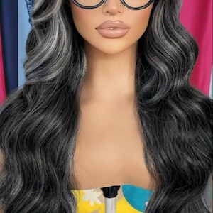 Black wavy wig with platinum gray highlights with black roots natural looking