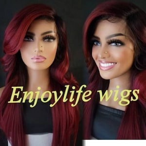 Burgundy red balaylage black highlighted h.d ombre wavy lace front wig