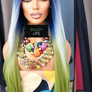 silver platinum blue green straight hd lace front wig