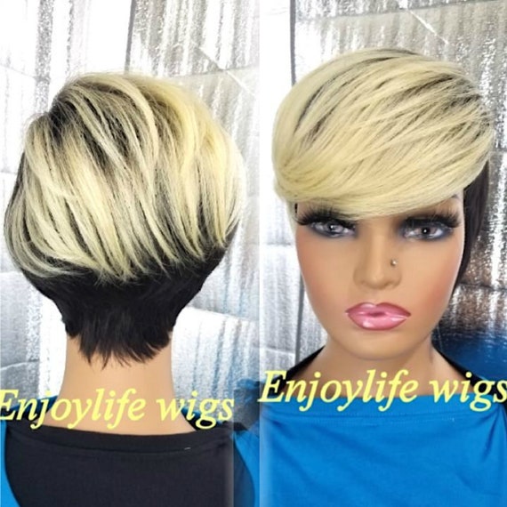 Cute Blonde and Black Short Wig Black Short Bob Wig with Blonde Stripe Highlights, Ombre  main image 4