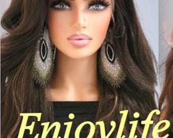 free part  h.d natural looking lace front wavy black balayage brown highlighted adjustable wig.