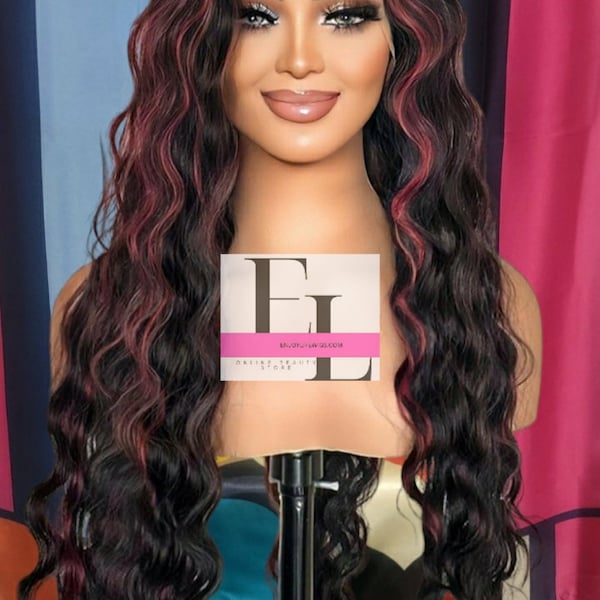 loose wave black hd lace front wig with burgundy highlights.