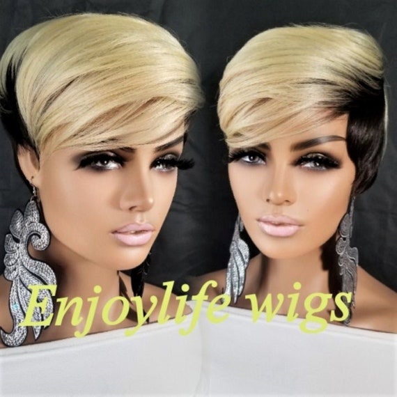 Blonde Black Pixie Wig: Short, Adjustable, Heat Safe - Etsy display picture 2