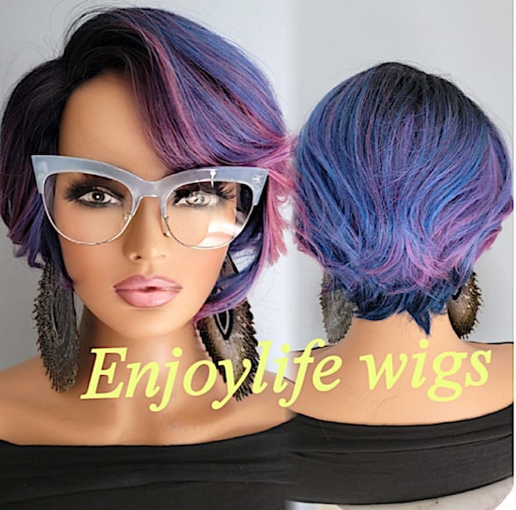 sexy wavy colorful purple side part bob wig with pink highlights this unit  has dark roots with a natural looking lace side part