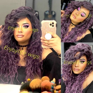 lavender purple splash curly Hawaiian wave lace front wig black root and beautiful