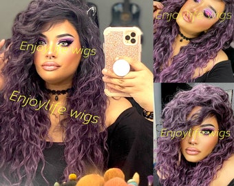 lavender purple splash curly Hawaiian wave lace front wig black root and beautiful