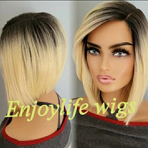 Light honey blonde balayage black root bob non lace natural looking wig