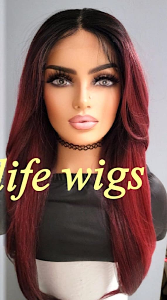 Burgundy Balayage Ombre Lace Front Wig, Wavy Layered Cut  display picture 2