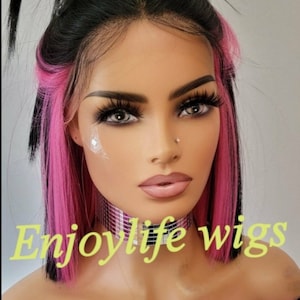 Black 3D multi-color pink splash short bob custom dyed straight hd lace front wig