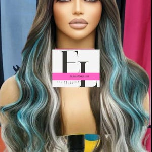 mint emerald  wavy green bang wig with silver plantnuim brown baylayage highlights