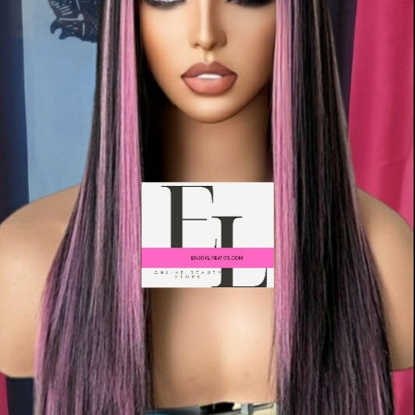 Black h.d long wig with hot pink baylage highlights straight lace front natural looking front wig