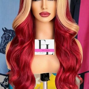 Deep wave red blonde streak dream red crush h.d lace front straight wig