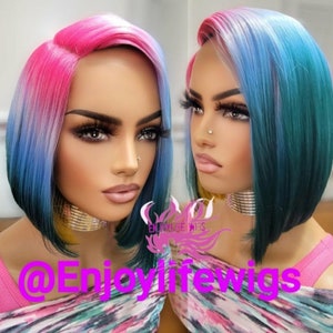 3d rainbow dream pink yellow blue green natural looking side part bob wig