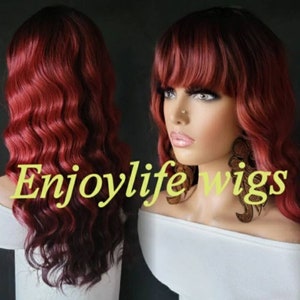 Burgundy violet  orange balaylage black highlighted natural wavy Chinese bang adjustable wig