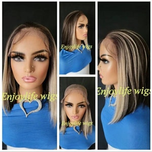 Brown freepart blonde streak h.d transparent lace front bob wig with adjustable straps .