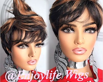 Pixie-cut menselijke donkerbruine Cooper gelaagde pruik met highlights