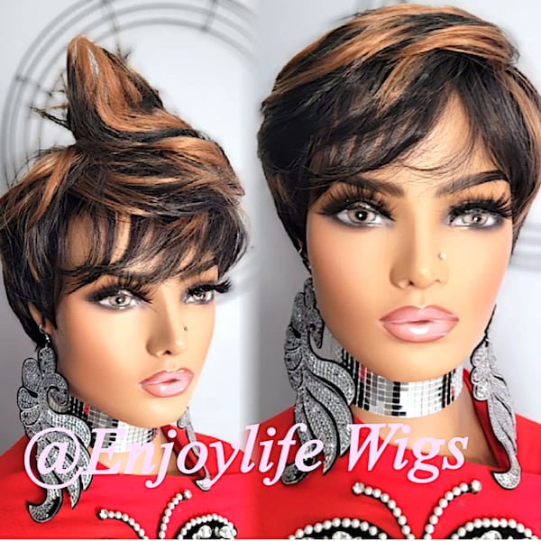 Pixie cut dark brown Cooper highlighted layered cut wig