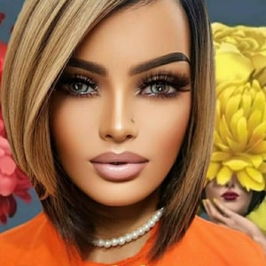 ハイライトブラウンブロンドボブウィッグ - レースなし、耐熱