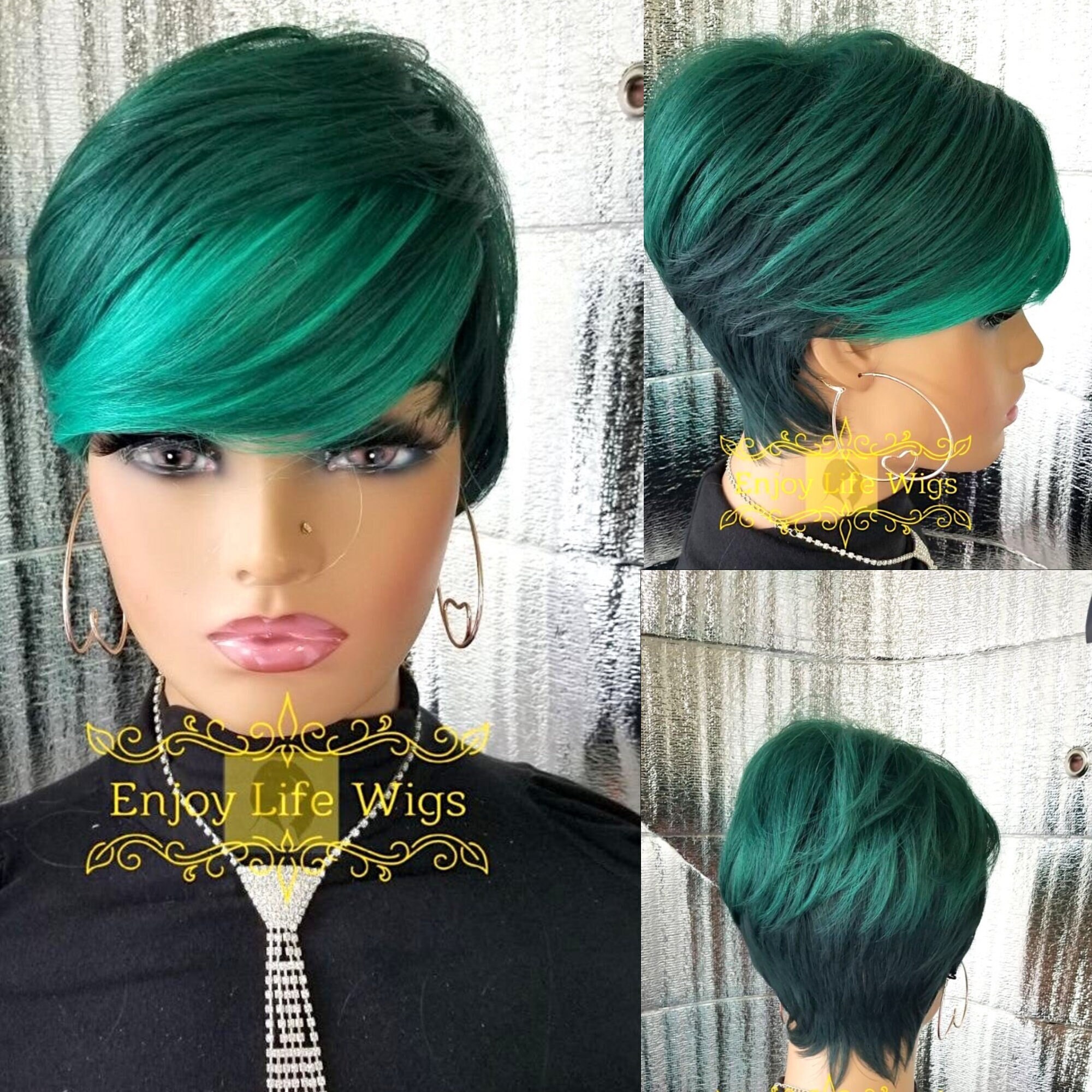 Green crush Dream ombre black pixie wig Amazon.com : TRUMOST Black Wig Green Highlight Long Wavy Wig  main image 4