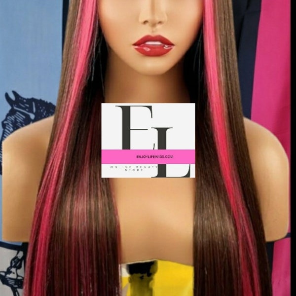 Chocolate Brown freepart silky straight  hd lace front wig with hot pink brown highlight front streak this wig is perfect