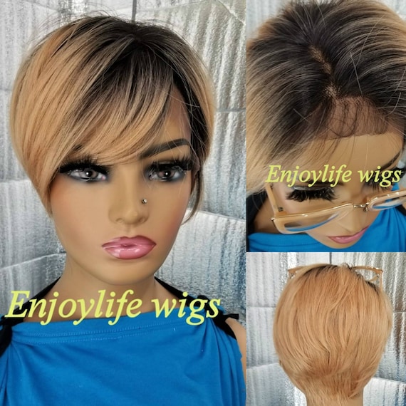 Rose Gold Pink Peach Ombre Lace Front Free Part Pixie Wig Etsy UK
