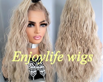 curly blonde wave hd, free part wig with soft brown roots