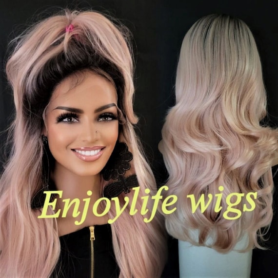 Wavy Rose Gold Lace Front Wig, Dark Root, Adjustable - Etsy 