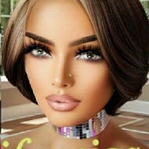 May include: A short, straight bob wig with a blonde and brown ombre color. The wig is styled with a side part and has a natural-looking hairline. The model is wearing a sparkly silver choker necklace and a bright pink top. The text "life wigs" is visible at the bottom of the image.