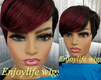 Pixie Short Cut Swoop Bang Ombre Burgundy Red Wine Wig Pixie Short Cut Swoop Bang Ombre Burgundy Red Wine Hair  main image 4
