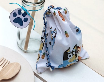 Blue puppy pawty fabric party bags | Kids party bags | Australian made favour bags | Puppy pawty decor | Bluey inspired party bags