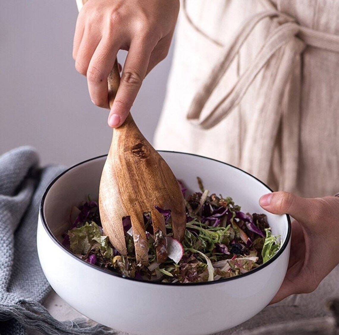 New 2Pcs Wooden Salad Spoon Fork Large Serving Spoon Set Etsy