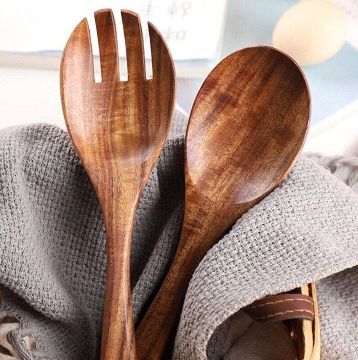 New 2Pcs Wooden Salad Spoon Fork Large Serving Spoon Set Etsy