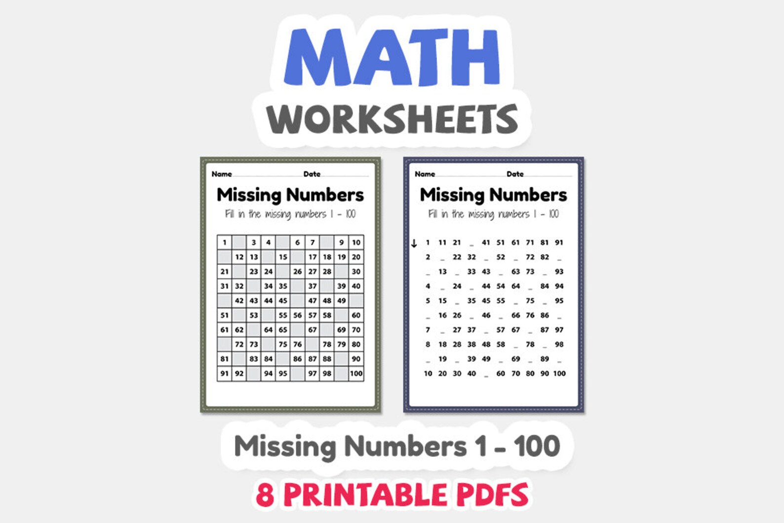 Math Worksheets, Missing Numbers 1 to 100 Printable PDF Pages for ...