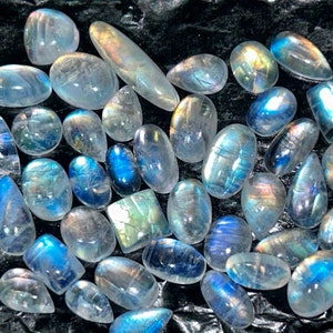 AAA Rainbow Moonstone Cabochon Lot: Blue Flashy Loose Gemstones