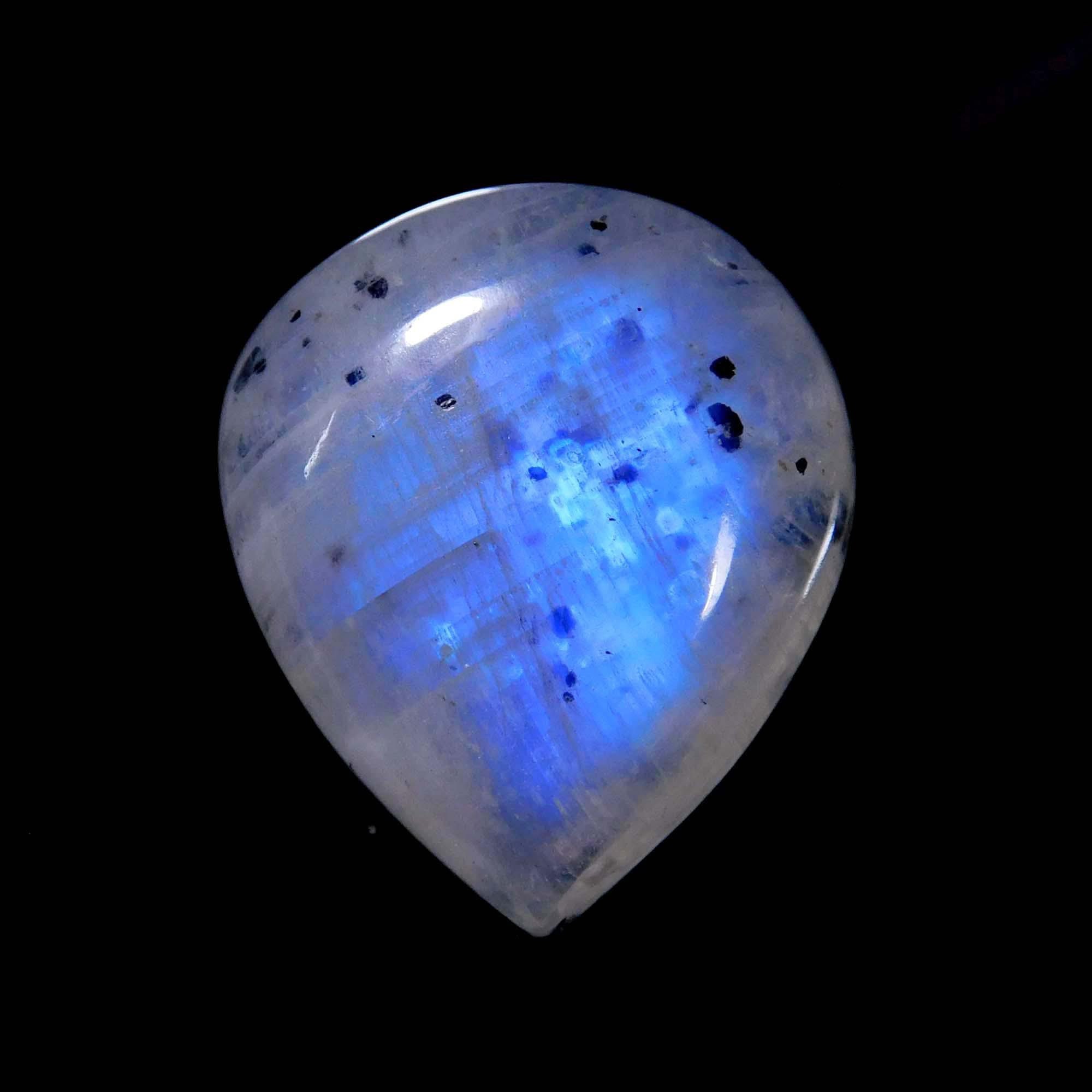 Pear Shape Rainbow Moonstone Cabochon,Blue Flashy With Black Tourmaline Gemstone,Designer Cabochon 30*22*6mm 42.cts Pendant Necklace Stone