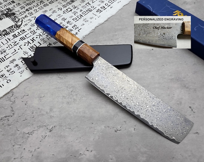 HONN Chef Knife Nakiri 7.25" (185mm) blade Damascus