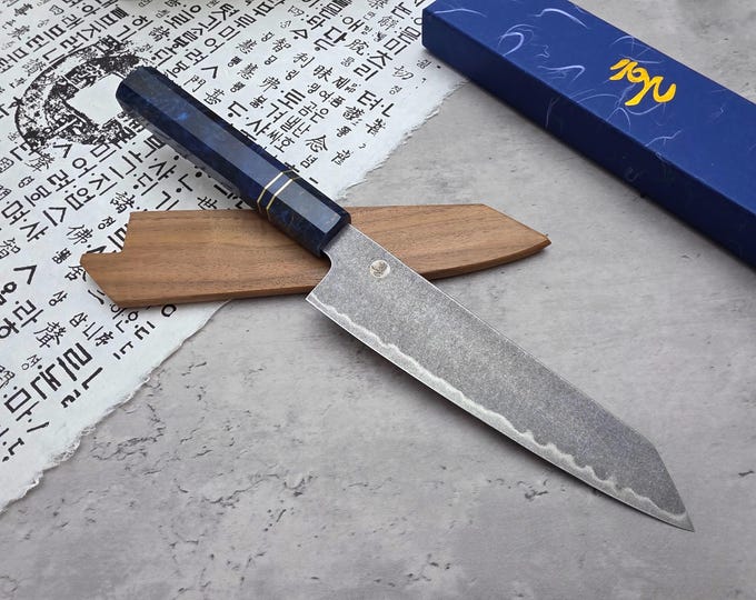 HONN Chef Knife Kiritsuke 8" (205mm) blade Stone Washed (Blue)