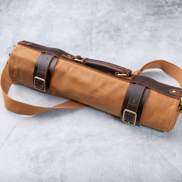 HONN Knife Roll Leather Waxed Canvas Chef Knife Bag (Tan Brown)