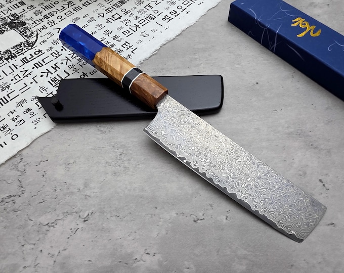 HONN Chef Knife Nakiri 7.25" (185mm) blade Damascus