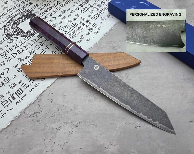 HONN Chef Knife Kiritsuke 8" (205mm) blade Stone Washed (Purple)