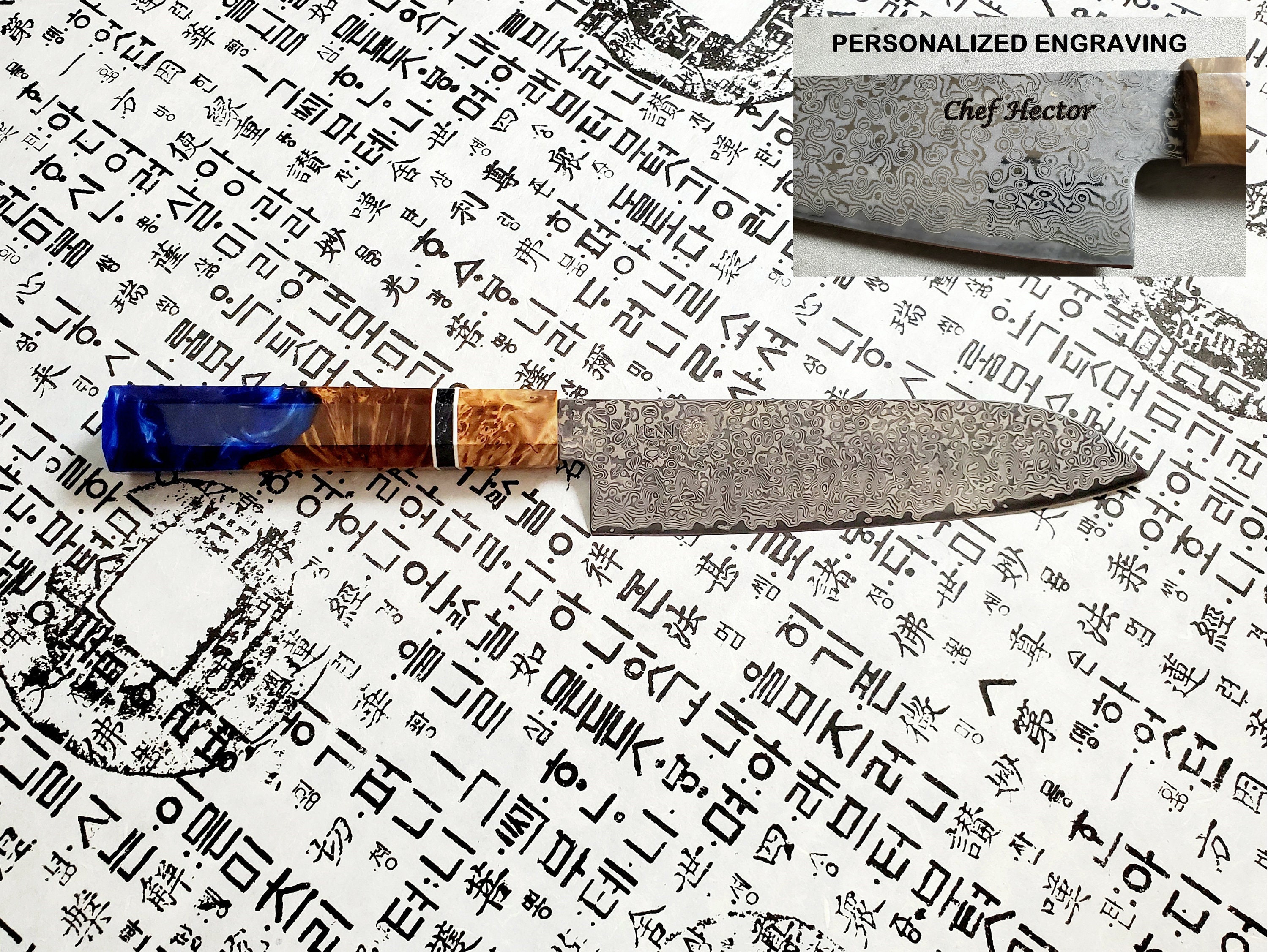 HONN Chef Knife Santoku 7 inch blade Damascus (Dark blue)