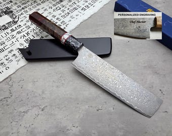 HONN Chef Knife Nakiri 7.25" (185mm) blade Damascus