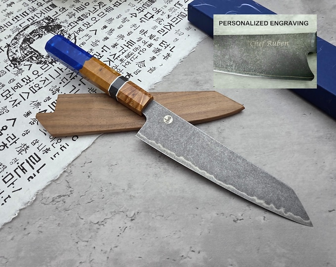 HONN Chef Knife Kiritsuke 8" (205mm) blade Stone Washed (Blue Resin)