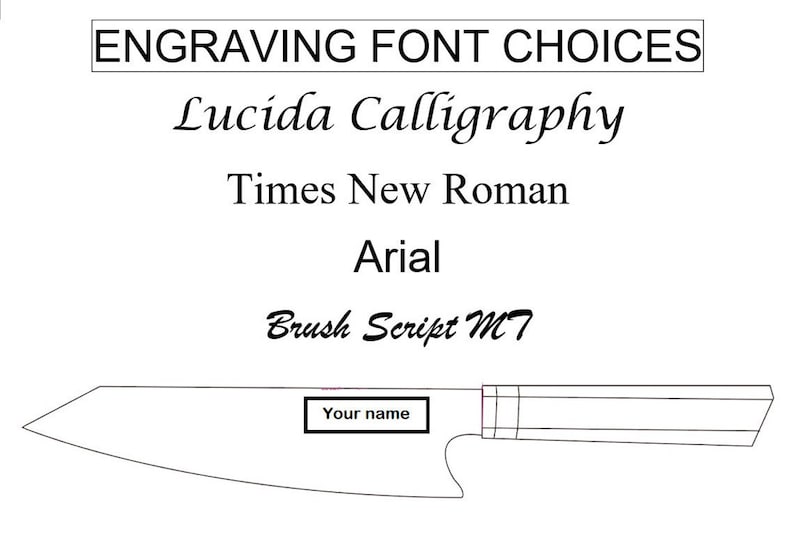 Puede incluir: Un dibujo en blanco y negro de un cuchillo de chef con un rect&aacute;ngulo en blanco para grabar. El texto "Engraving Font Choices" est&aacute; en la parte superior de la imagen. Debajo del cuchillo, se enumeran las siguientes fuentes: Lucida Calligraphy, Times New Roman, Arial y Brush Script MT.